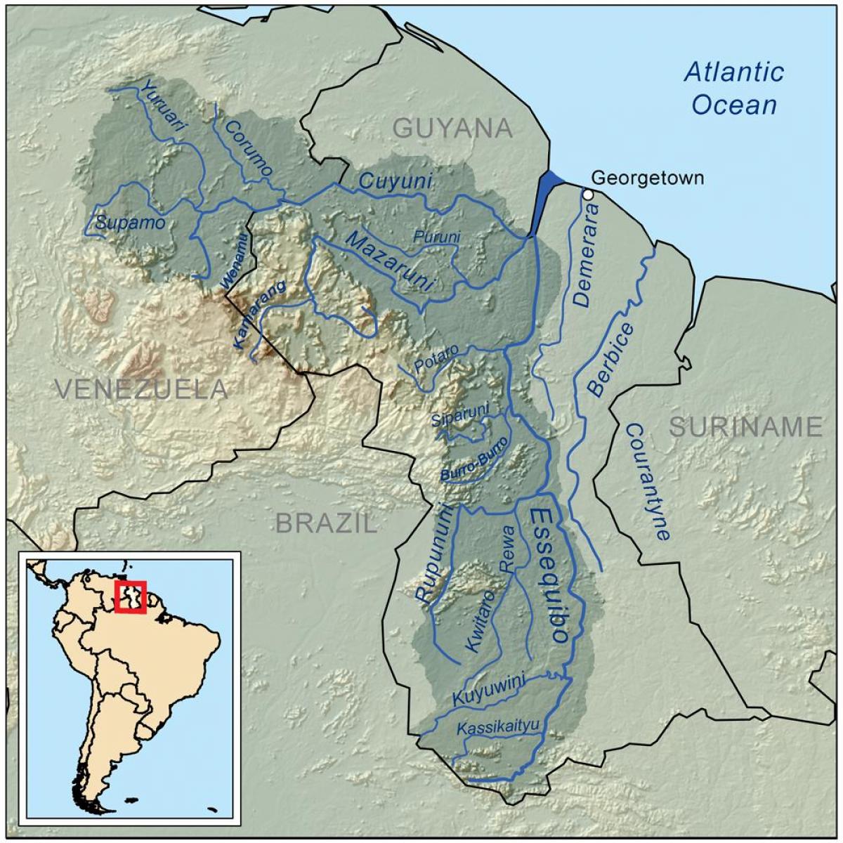 નકશો ગયાના દર્શાવે ત્રણ મુખ્ય નદીઓ